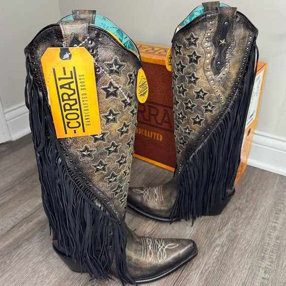 Corral Fringe Star Inlay Embroidered Leather Black Cowboy Western